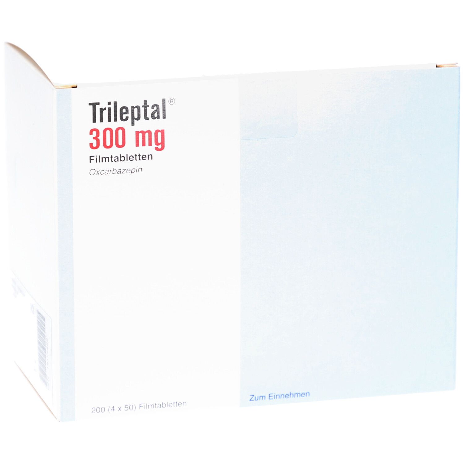 TRILEPTAL 300 mg Verpackung. Weiß-blaue Schachtel mit Produktnamen, Dosierung und weiteren Angaben.