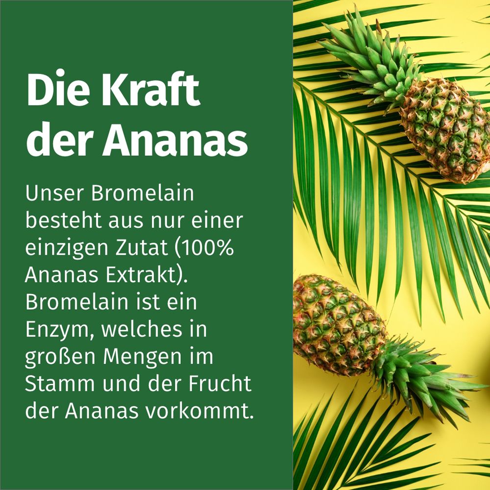 Ananas und Blätter auf gelbem Hintergrund. Text: Die Kraft der Ananas. Bromelain aus Ananas-Extrakt.