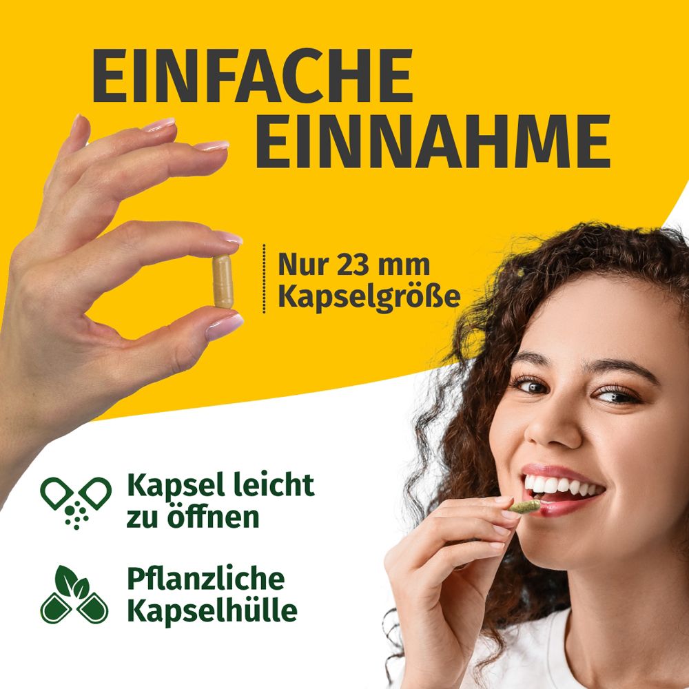 Frau hält Kapsel. Text: Einfache Einnahme. Kapsel leicht zu öffnen. Pflanzliche Kapselhülle.
