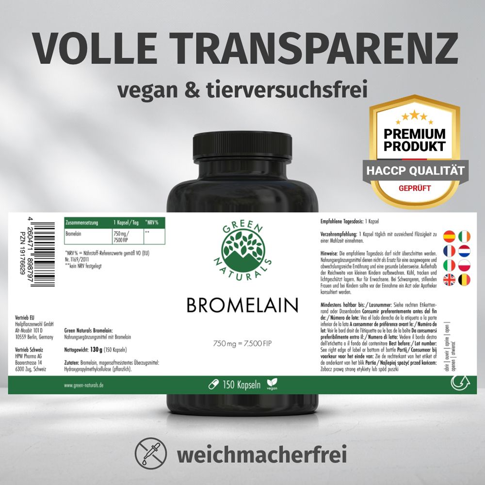 Flasche mit Etikett. Text: Volle Transparenz, vegan & tierversuchsfrei. Premium Produkt, HACCP Qualität.