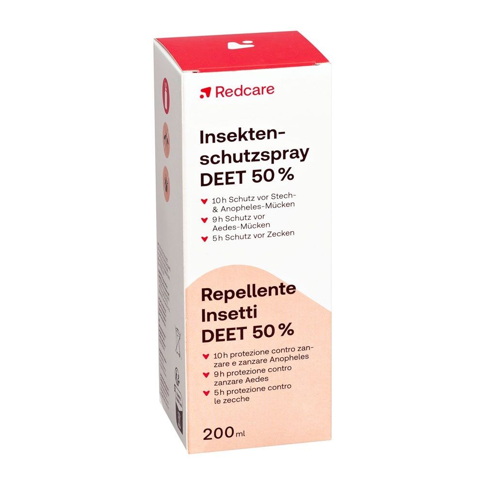 Redcare Insektenschutzspray DEET 50% Faltschachtel, Vorderseite.