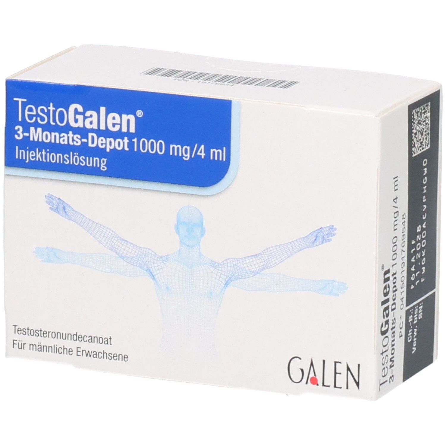 TestoGalen 3-Monats-Depot 1000 mg/4 ml Injektionslösung Verpackung mit Galen Logo und männlicher Silhouette.