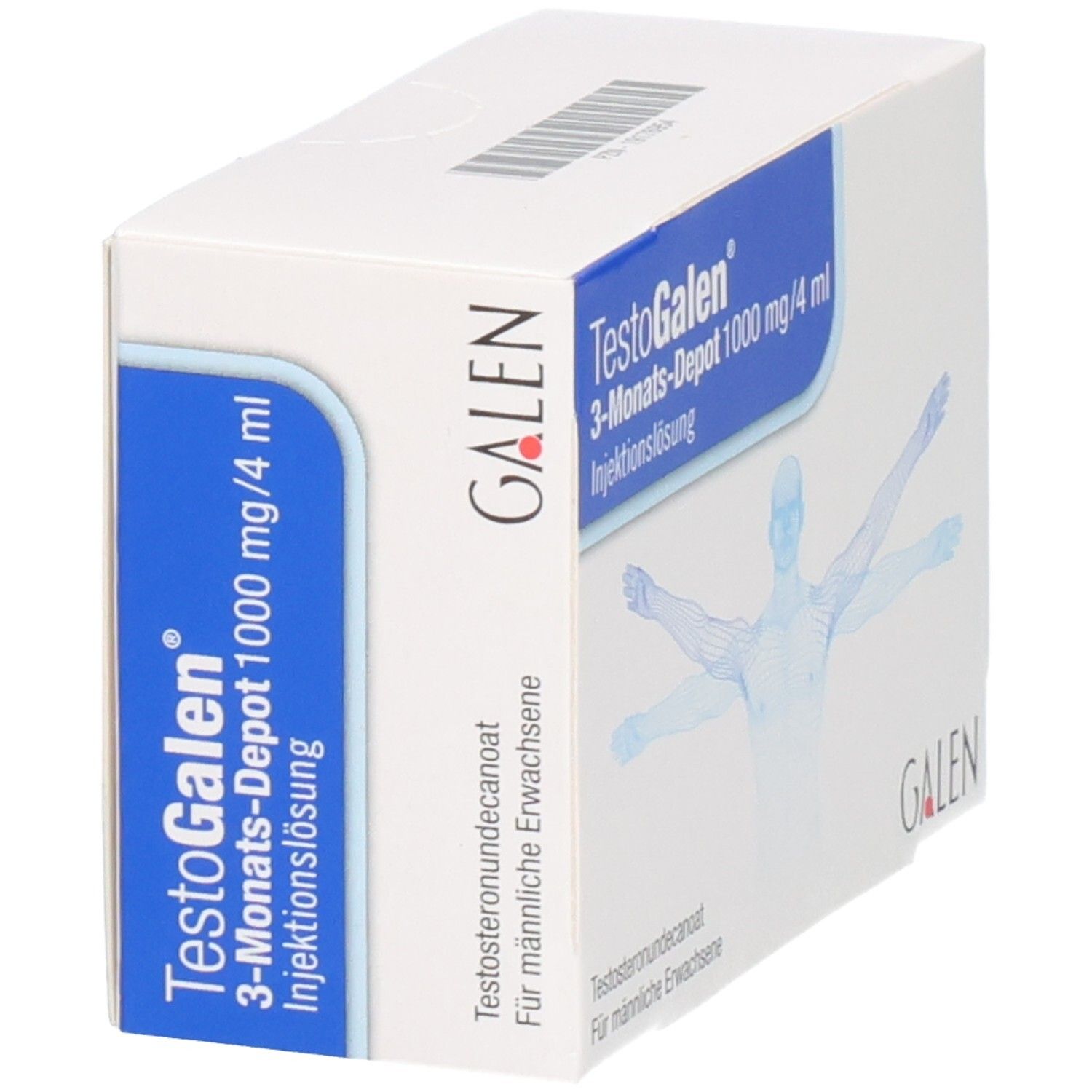 TestoGalen 3-Monats-Depot 1000 mg/4 ml Injektionslösung Verpackung, Seitenansicht mit Galen Logo.