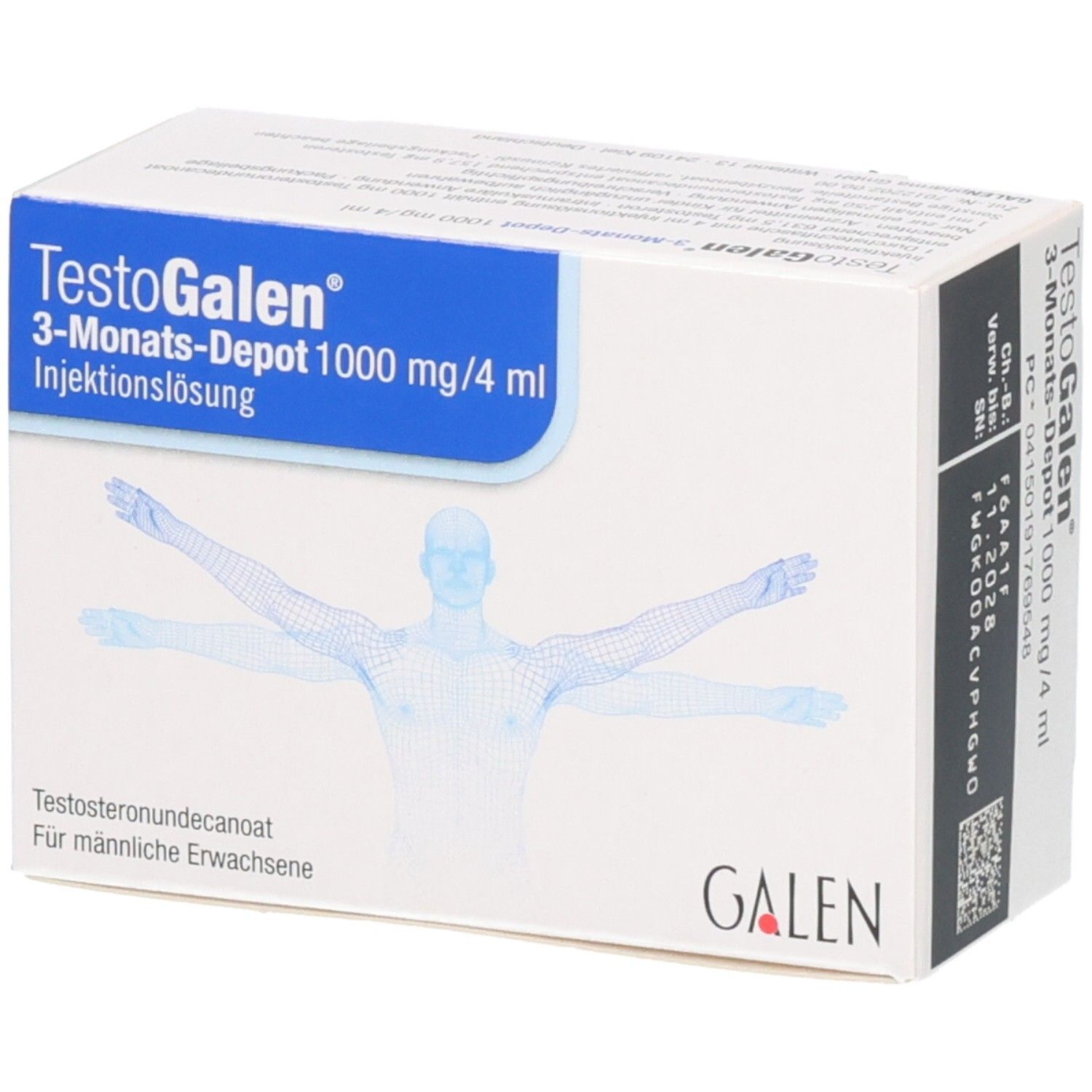 TestoGalen 3-Monats-Depot 1000 mg/4 ml Injektionslösung Verpackung mit Galen Logo und männlicher Silhouette.