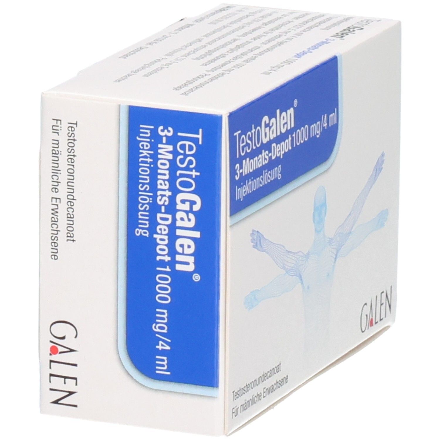 TestoGalen 3-Monats-Depot 1000 mg/4 ml Injektionslösung Verpackung, Seitenansicht mit Galen Logo.