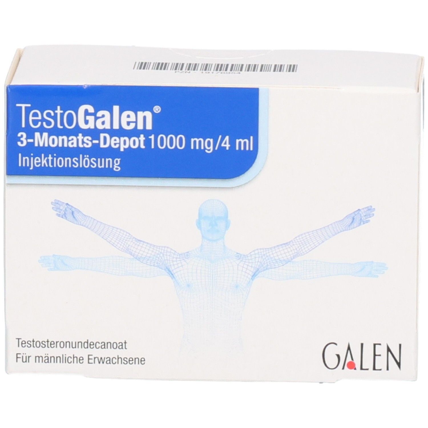 TestoGalen 3-Monats-Depot 1000 mg/4 ml Injektionslösung Verpackung mit Galen Logo und männlicher Silhouette.