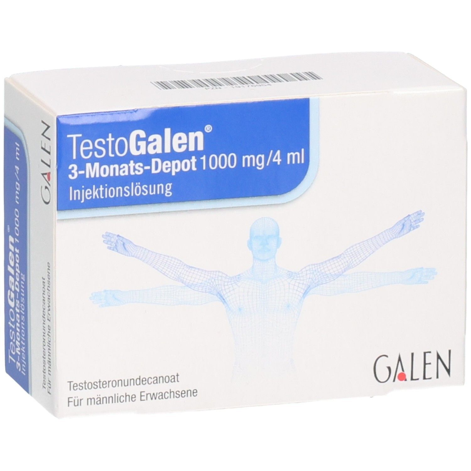 TestoGalen 3-Monats-Depot 1000 mg/4 ml Injektionslösung Verpackung, Seitenansicht mit Galen Logo.