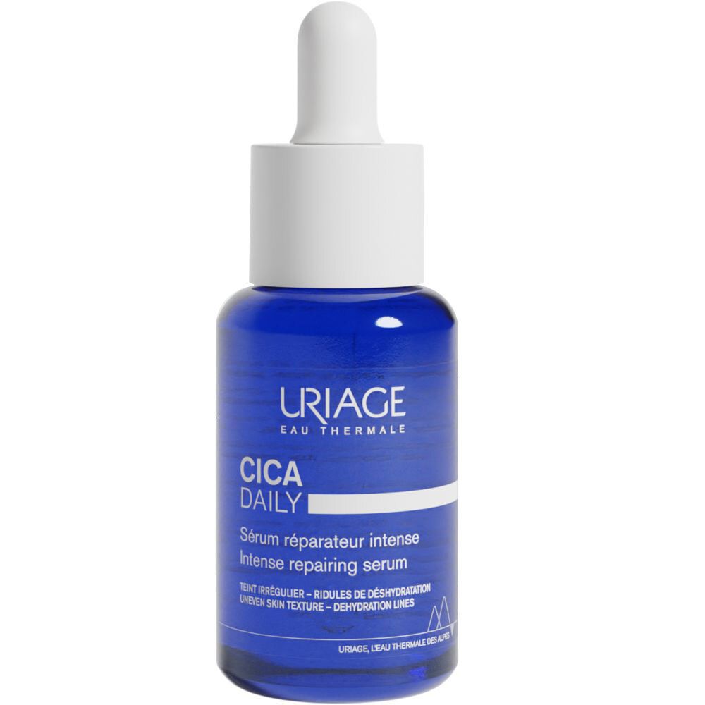 Blaue Flasche mit weißem Deckel und Pipette. Aufschrift: URIAGE, CICA DAILY, Serum réparateur intense.