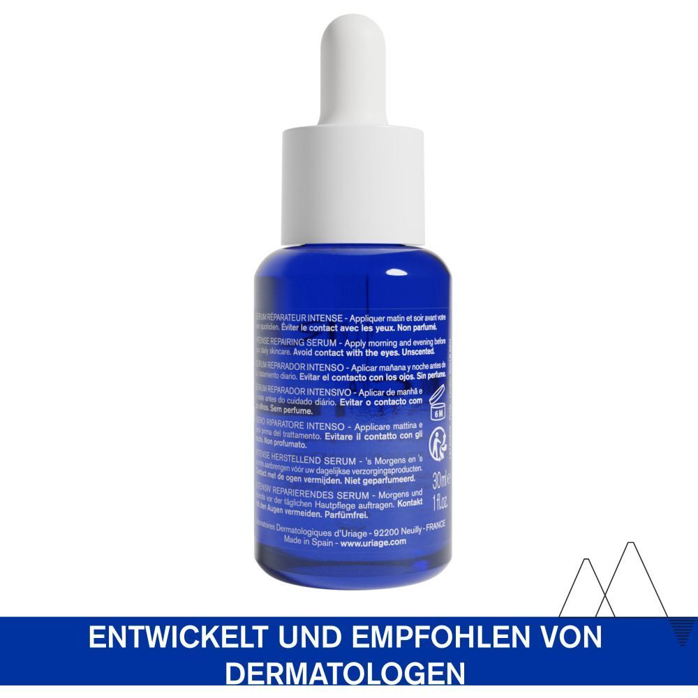 Rückseite der blauen Flasche. Text in mehreren Sprachen. Aufschrift: 30ml, Entwickelt und empfohlen von Dermatologen.