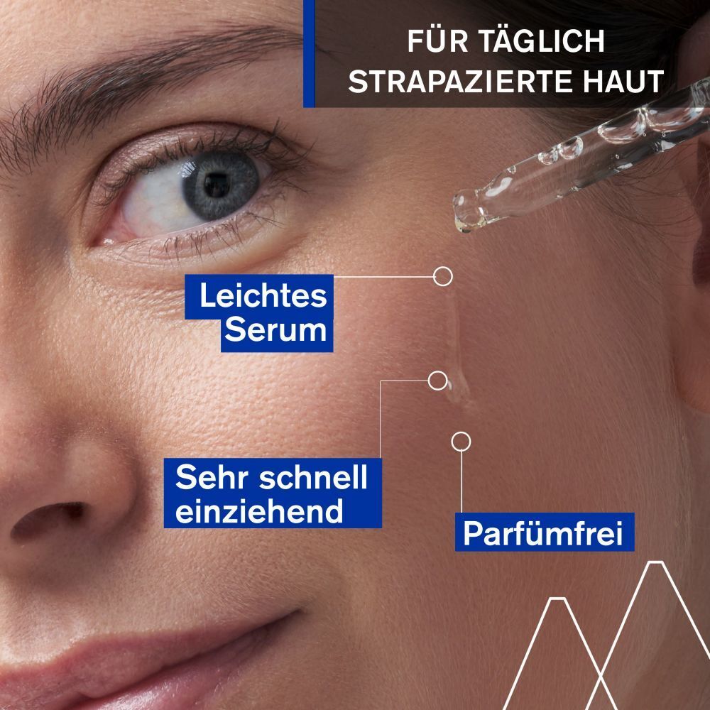 Nahaufnahme eines Gesichts. Serum wird mit Pipette aufgetragen. Text: Leichtes Serum, Sehr schnell einziehend, Parfümfrei.