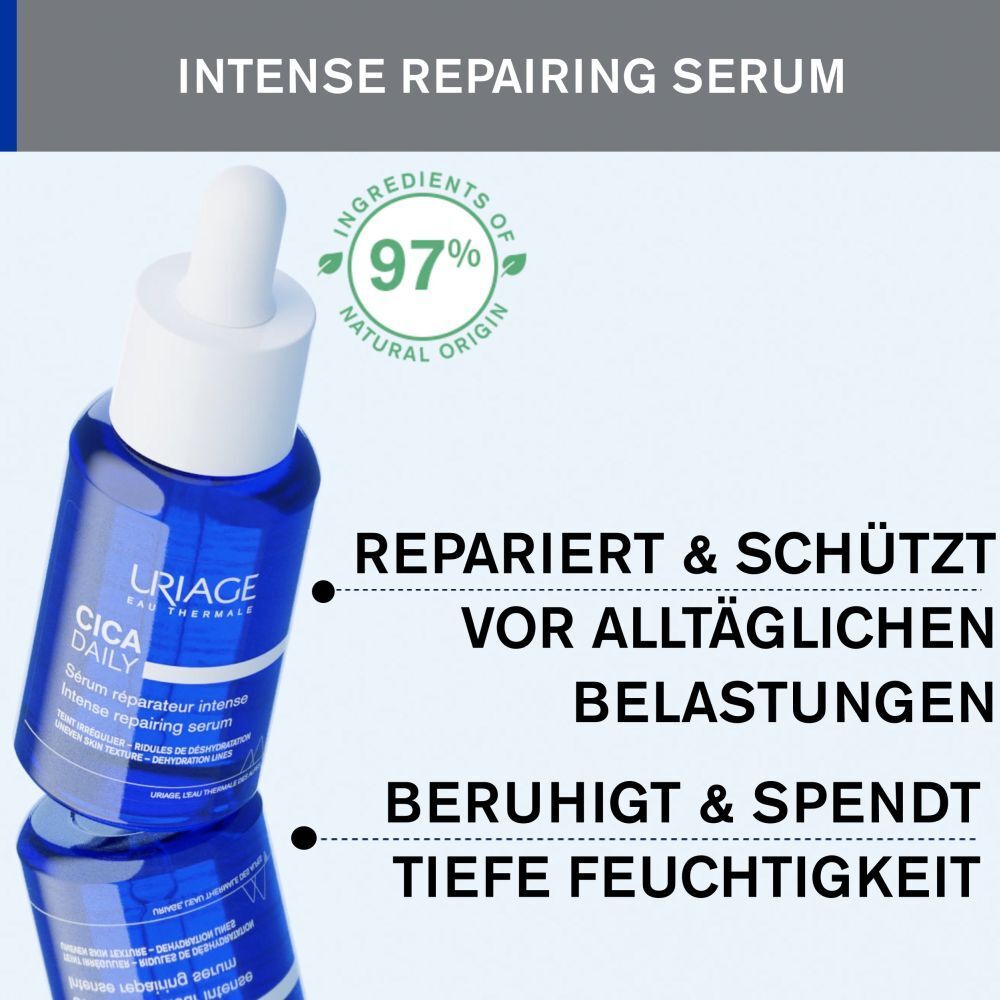 Blaue Flasche mit Pipette. Text: Repariert & schützt, Beruhigt & spendet tiefe Feuchtigkeit. 97% Inhaltsstoffe natürlichen Ursprungs.