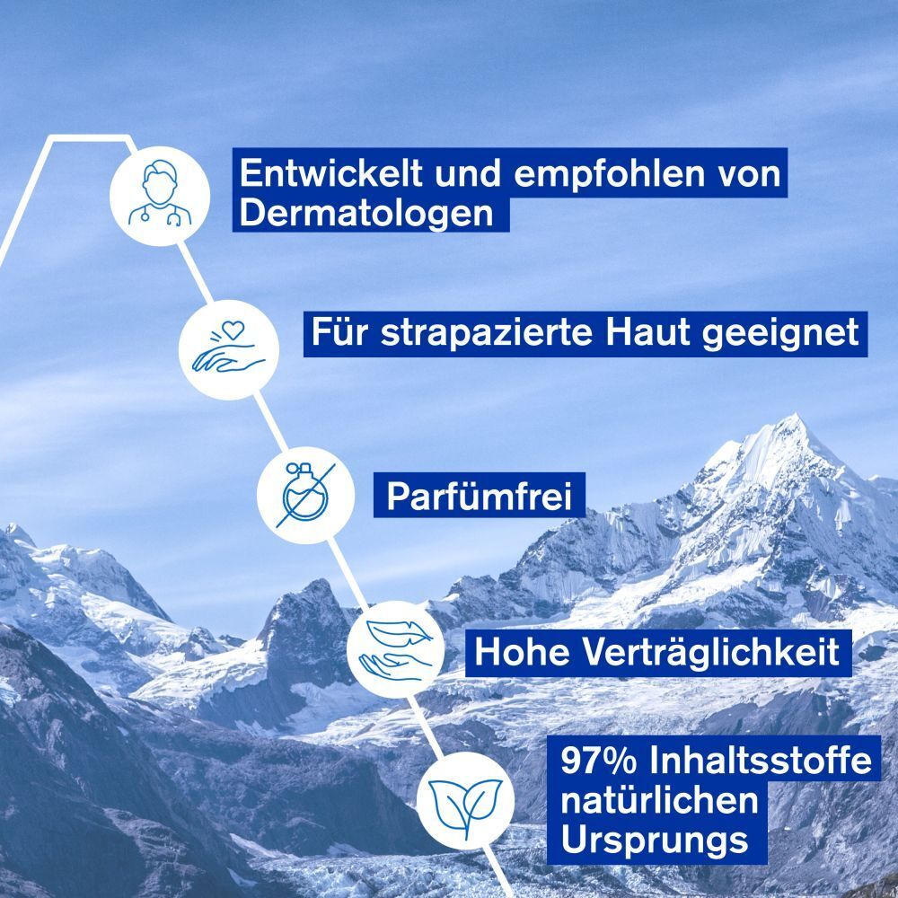 Grafik mit Text: Entwickelt und empfohlen von Dermatologen, Für strapazierte Haut geeignet, Parfümfrei, Hohe Verträglichkeit.