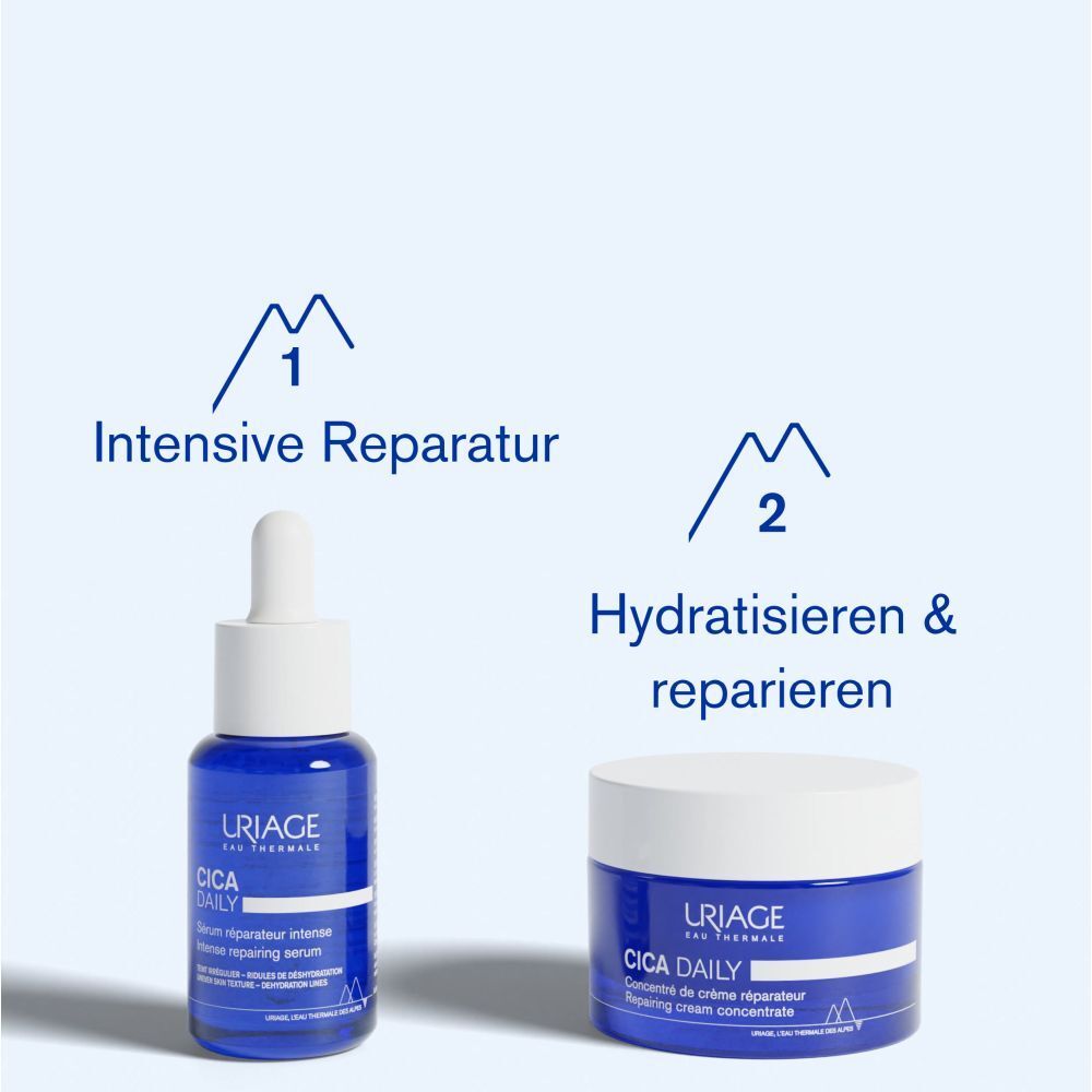 Zwei Produkte: Blaue Flasche und Creme-Tiegel. Text: Intensive Reparatur, Hydratisieren & reparieren.