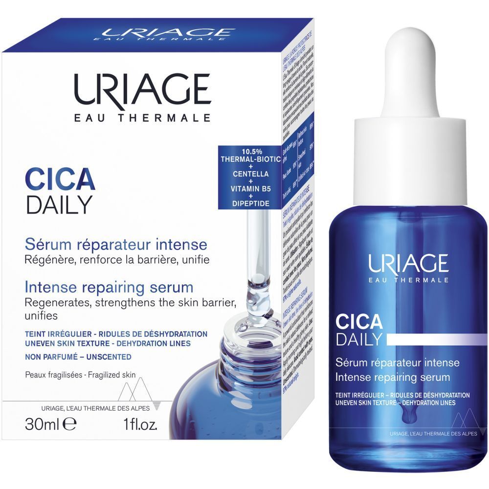 Produktverpackung und Flasche. Aufschrift: CICA DAILY, Serum réparateur intense, 30ml, 1 fl.oz.