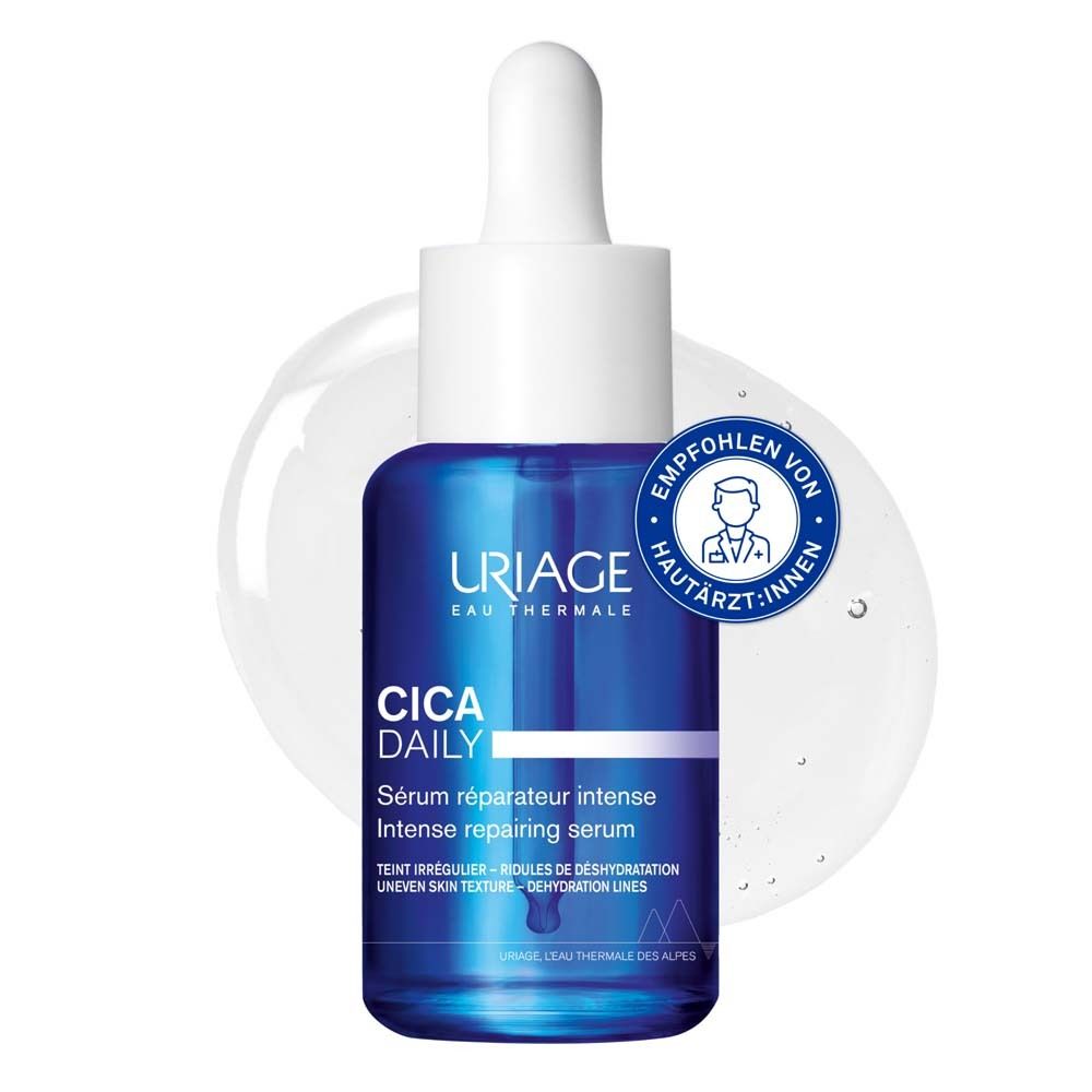 Blaue Flasche mit Pipette. Aufschrift: CICA DAILY, Serum réparateur intense. Empfohlen von Hautärzt:innen.