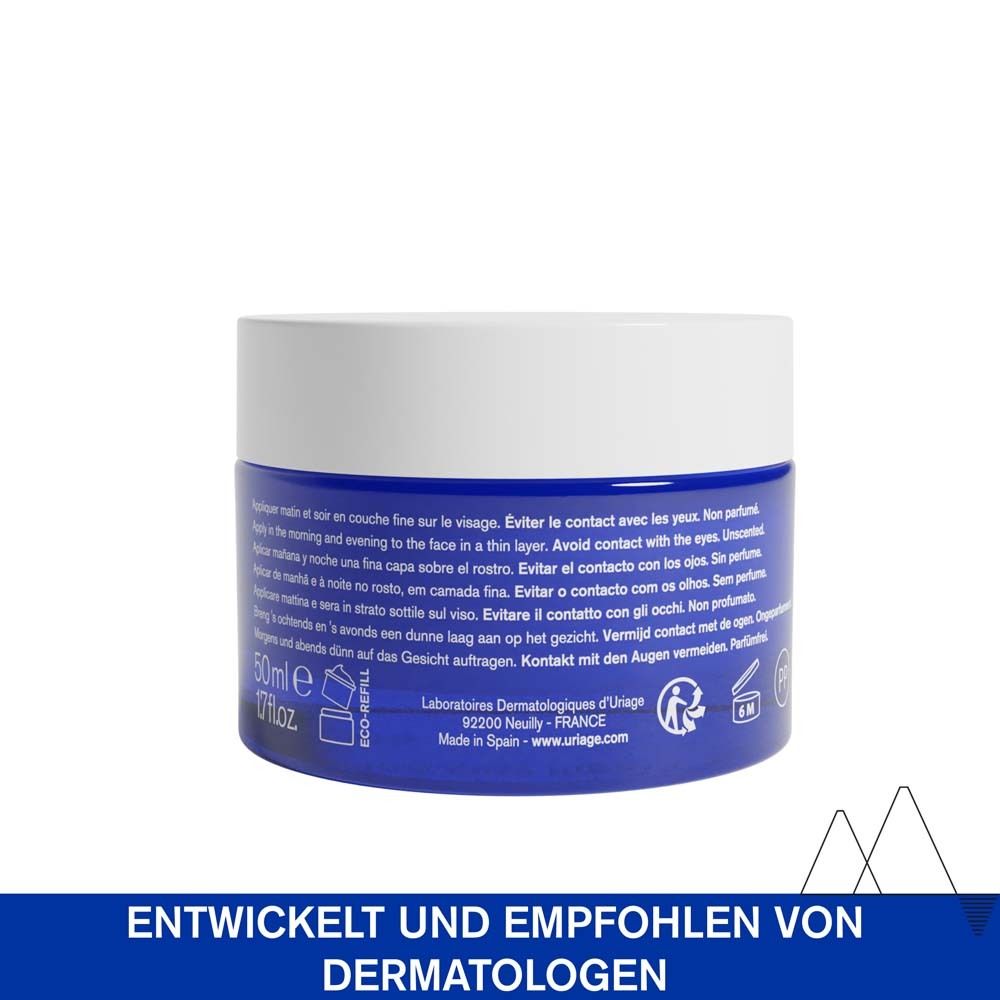 Blaues Tiegel mit weißem Deckel. Text: Uriage Cica Daily. Entwickelt und empfohlen von Dermatologen.