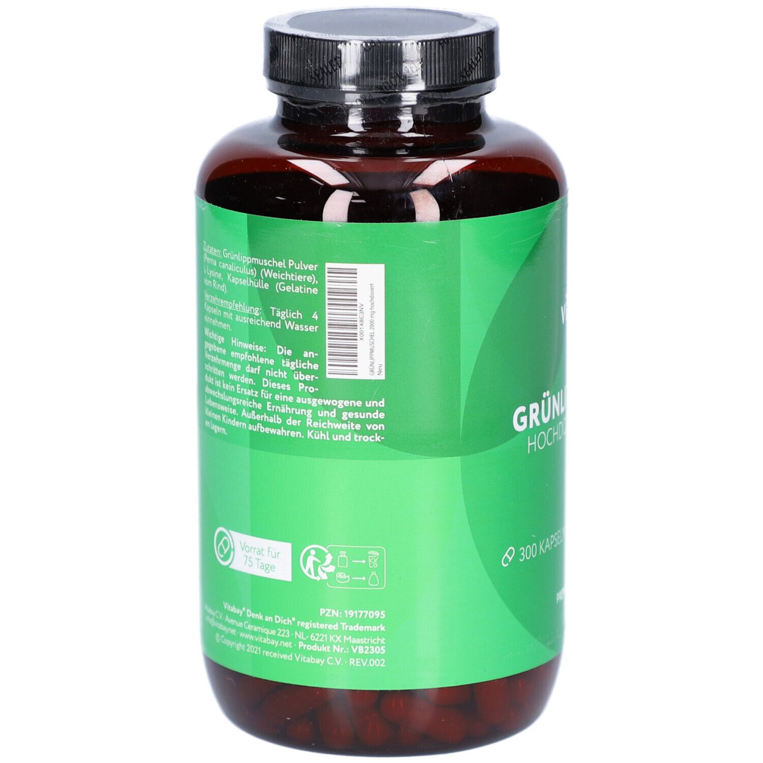 Rückseite der Flasche. Grüne Etikett mit Inhaltsstoffen und Informationen. 300 Kapseln. Marke: Vitabay.