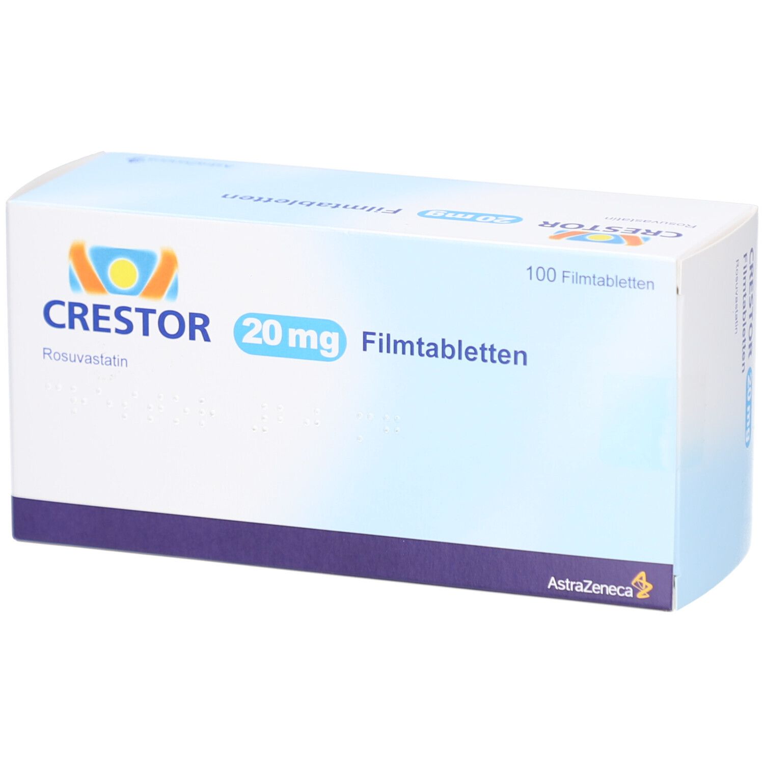 CRESTOR 20 mg Filmtabletten-Packung. Weißer Karton mit blauer und violetter Schrift. Enthält 100 Filmtabletten.