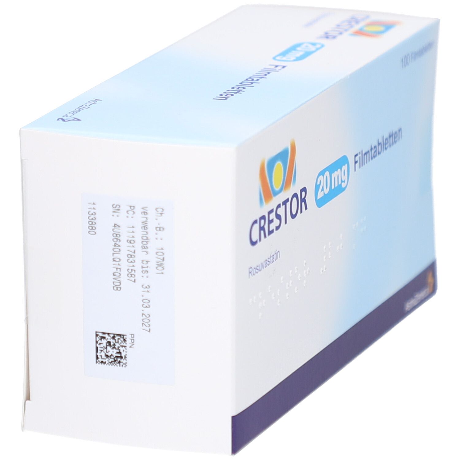 CRESTOR 20 mg Filmtabletten-Packung, schräg. Weißer Karton mit blauer und violetter Schrift. Details auf der Seite.