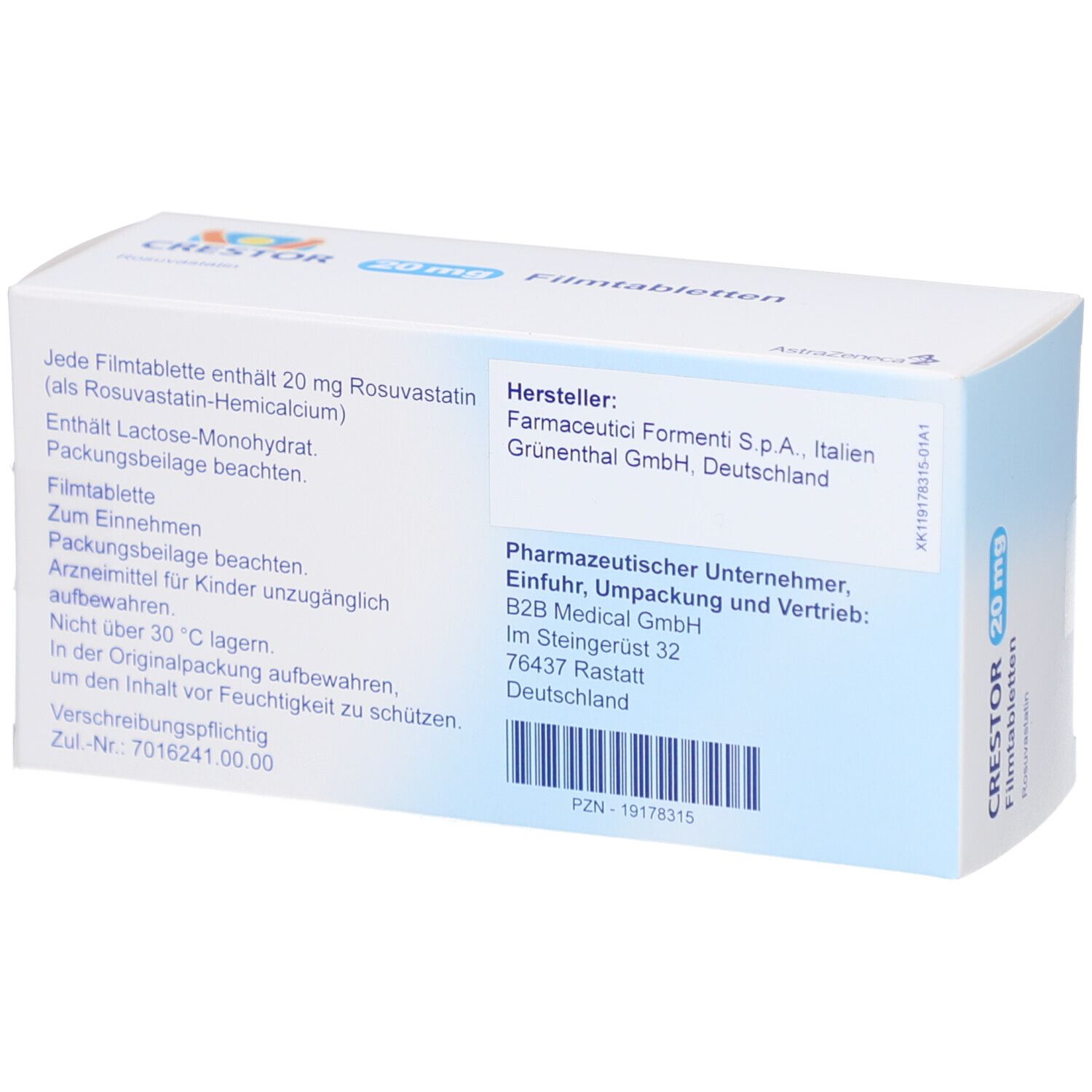 Rückseite der CRESTOR 20 mg Filmtabletten-Packung. Enthält Informationen zu Hersteller und Inhaltsstoffen.