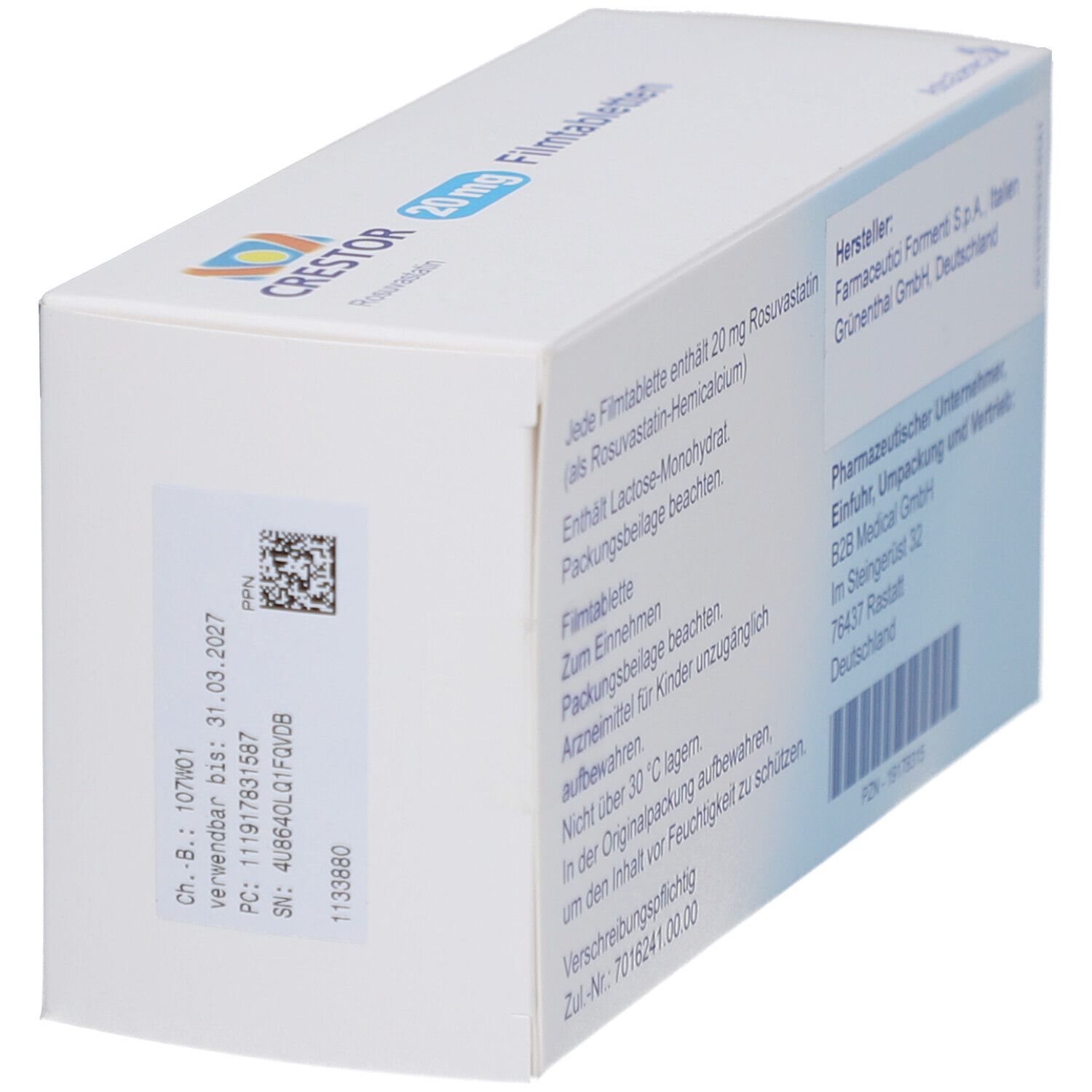 Schräge Ansicht der Rückseite der CRESTOR 20 mg Filmtabletten-Packung. Informationen zu Hersteller und Inhaltsstoffen.