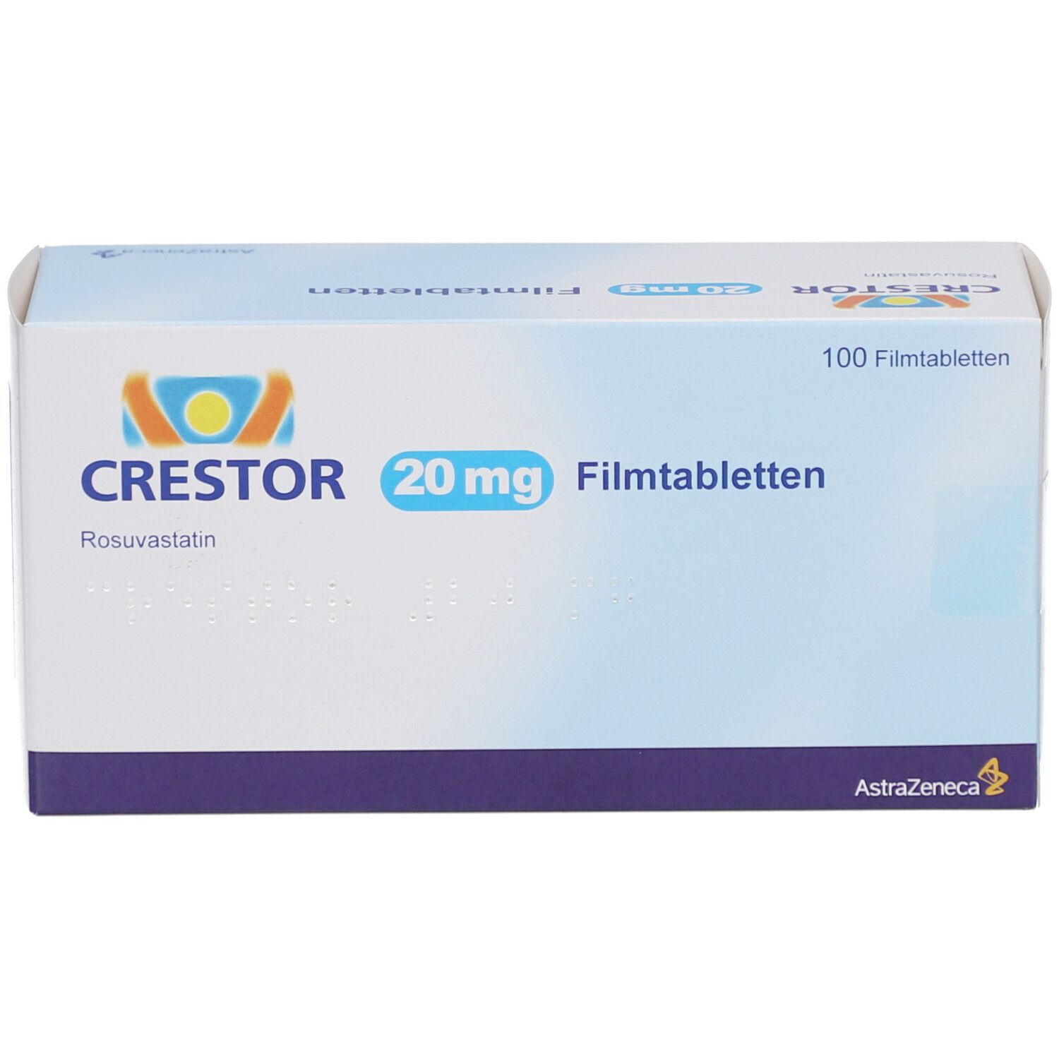 CRESTOR 20 mg Filmtabletten-Packung. Weißer Karton mit blauer und violetter Schrift. Enthält 100 Filmtabletten.