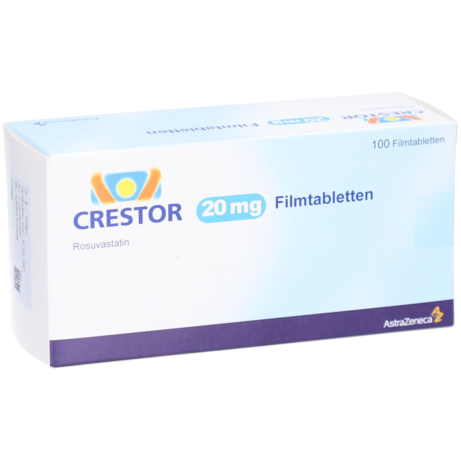 CRESTOR 20 mg Filmtabletten-Packung. Weißer Karton mit blauer und violetter Schrift. Enthält 100 Filmtabletten.