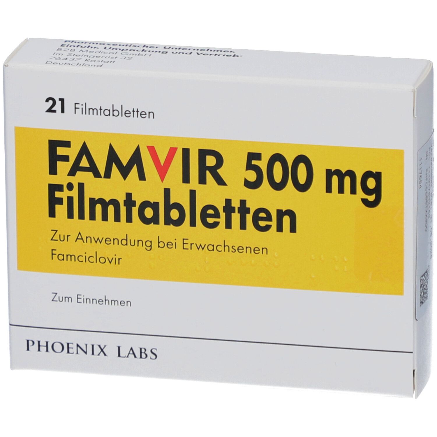 Schachtel mit FAMVIR 500 mg Filmtabletten. Gelber Aufdruck mit Produktnamen und Dosierung. 21 Tabletten.