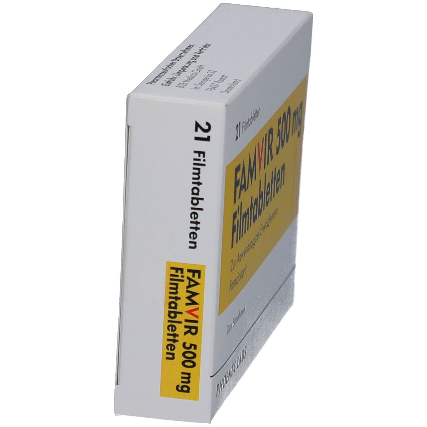 Schachtel FAMVIR 500 mg Filmtabletten, Seitenansicht. Gelber Aufdruck mit Produktnamen und Dosierung. 21 Tabletten.