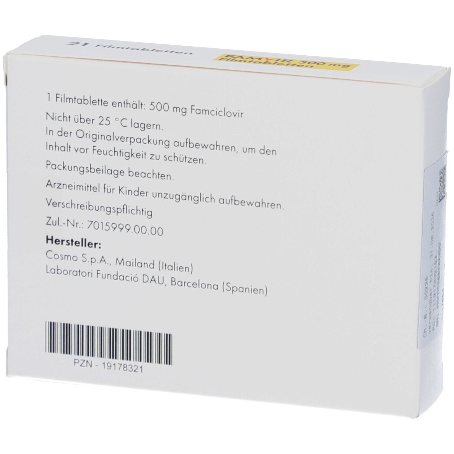 Rückseite der FAMVIR 500 mg Filmtabletten-Schachtel. Informationen zu Inhaltsstoffen, Lagerung und Hersteller.