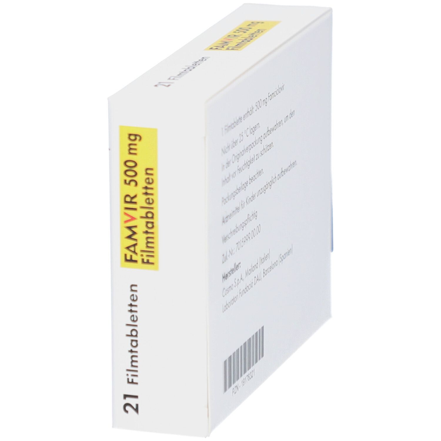 Seitenansicht der FAMVIR 500 mg Filmtabletten-Schachtel. Gelber Aufdruck mit Produktnamen und Dosierung. 21 Tabletten.