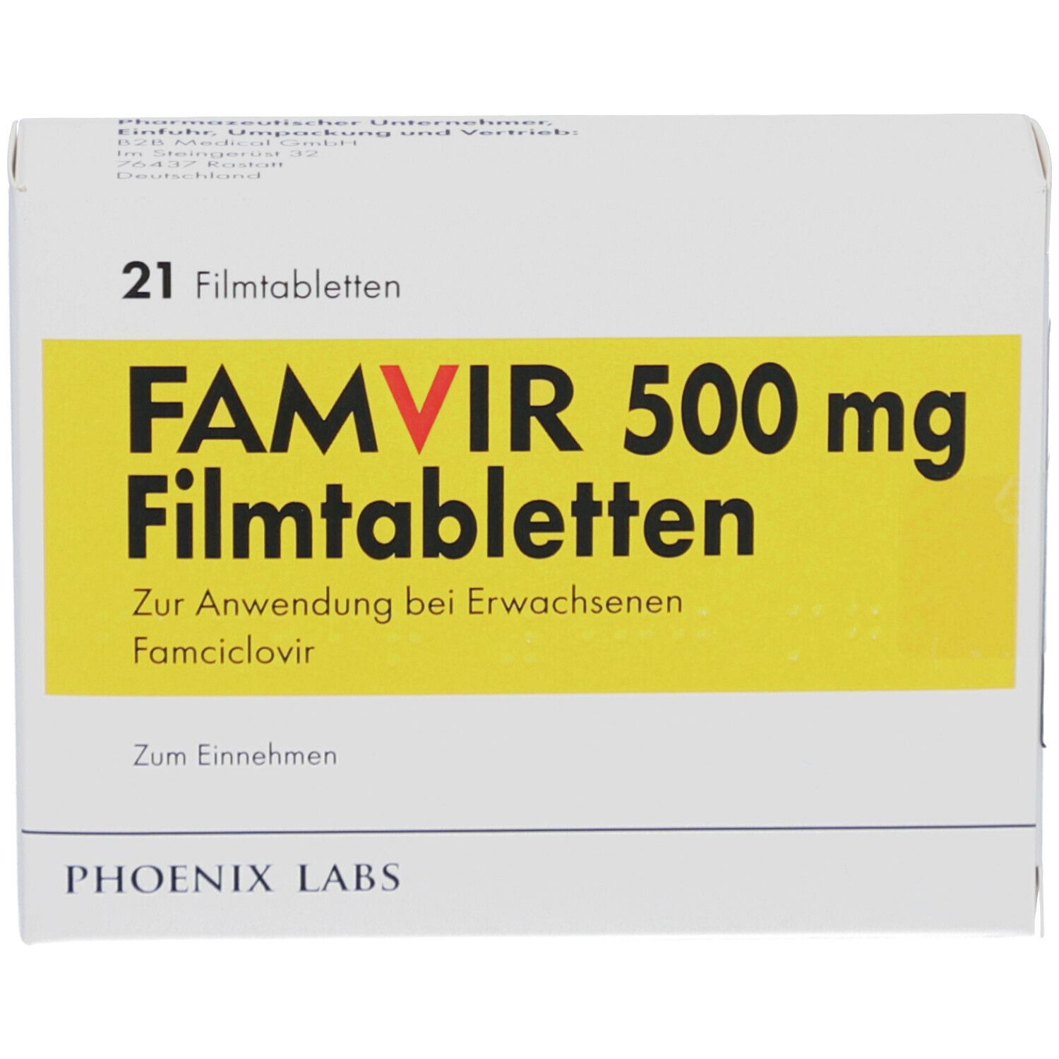 Schachtel mit FAMVIR 500 mg Filmtabletten. Gelber Aufdruck mit Produktnamen und Dosierung. 21 Tabletten.