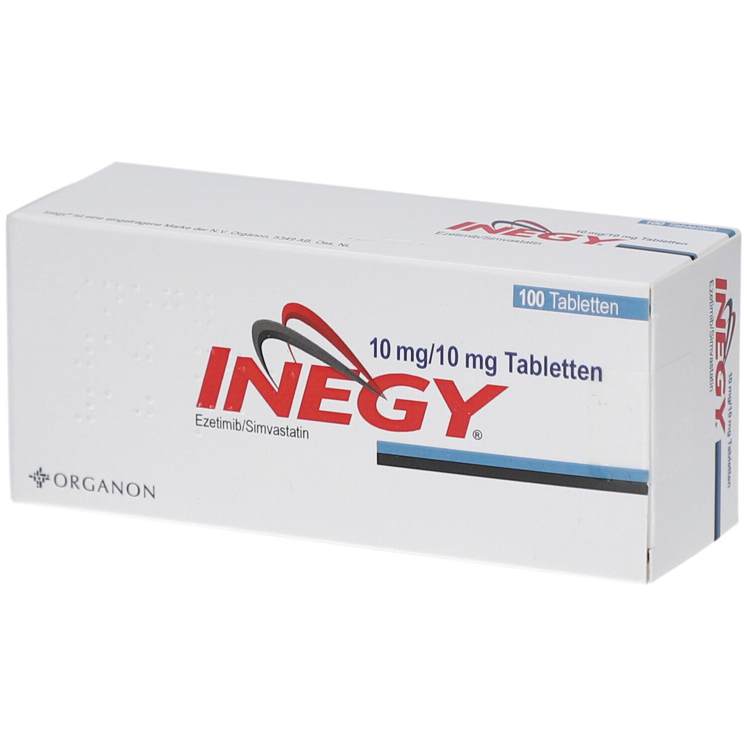 Schachtel mit INEGY 10 mg/10 mg Tabletten. Aufschrift: 100 Tabletten. Logo und Schriftzug INEGY. Ezetimib/Simvastatin.
