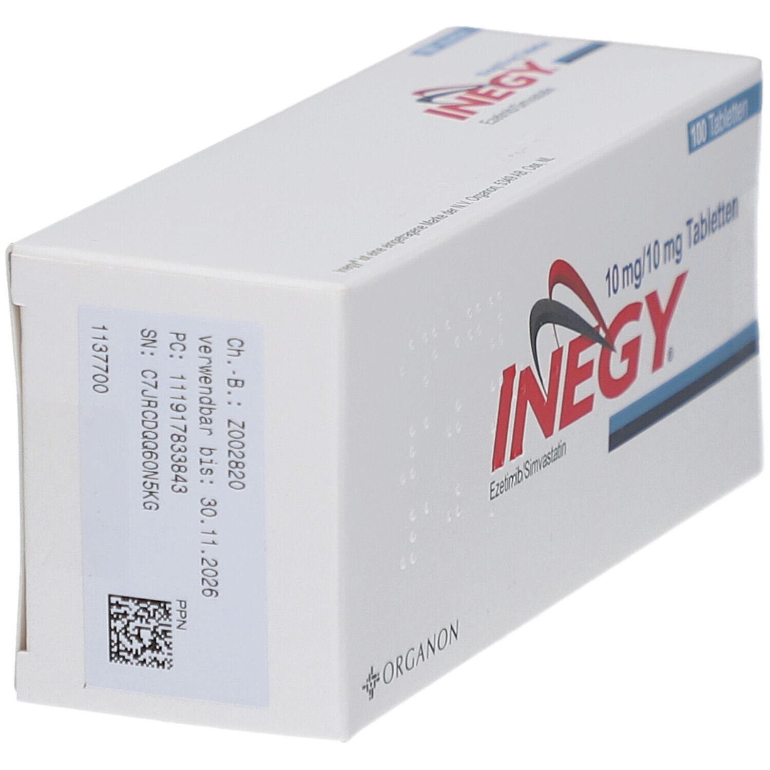 Schachtel INEGY 10 mg/10 mg Tabletten. Aufschrift: INEGY, Ezetimib/Simvastatin. Angaben zu Chargennummer und Verfallsdatum.