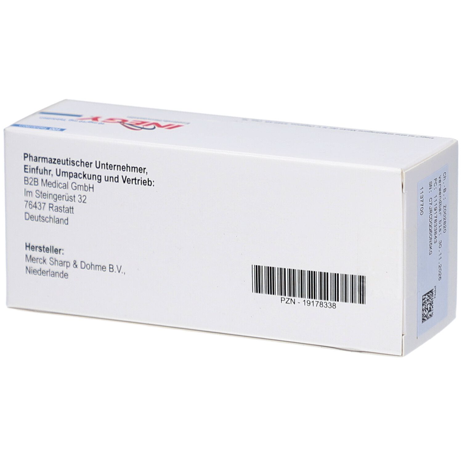 Rückseite der Schachtel mit INEGY Tabletten. Angaben zum Hersteller, Importeur und Vertrieb. Barcode und PZN-Nummer.
