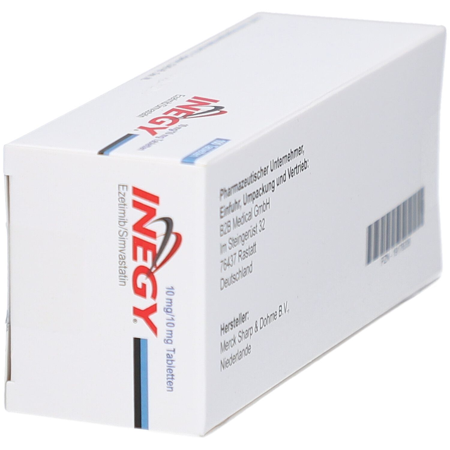 Schachtel mit INEGY 10 mg/10 mg Tabletten. Aufschrift: INEGY, Ezetimib/Simvastatin. Angaben zum Hersteller und Importeur.
