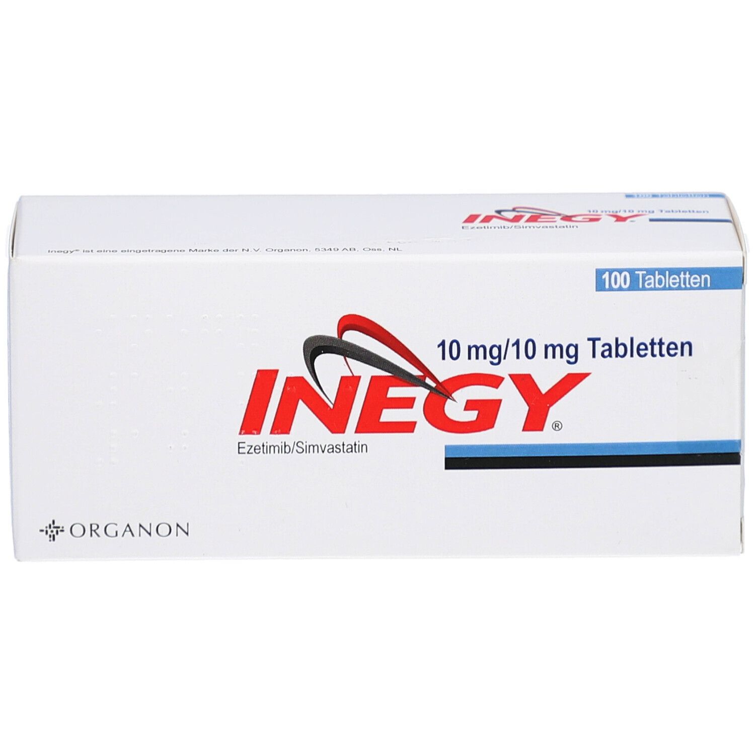 Schachtel mit INEGY 10 mg/10 mg Tabletten. Aufschrift: 100 Tabletten. Logo und Schriftzug INEGY. Ezetimib/Simvastatin.