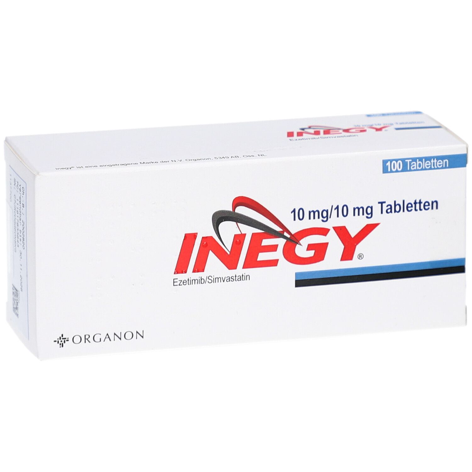 Schachtel mit INEGY 10 mg/10 mg Tabletten. Aufschrift: 100 Tabletten. Logo und Schriftzug INEGY. Ezetimib/Simvastatin.