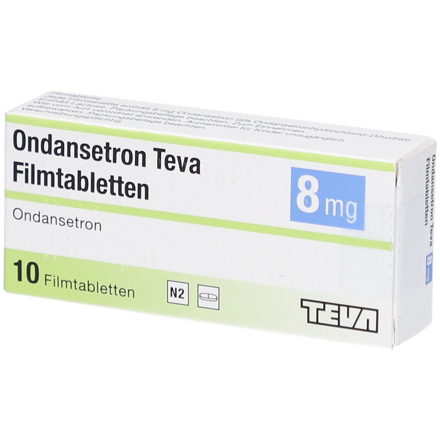 Ondansetron Teva 8 mg Filmtabletten-Packung. 10 Tabletten. Blaue 8 mg-Angabe. Teva-Logo. N2-Kennzeichnung.