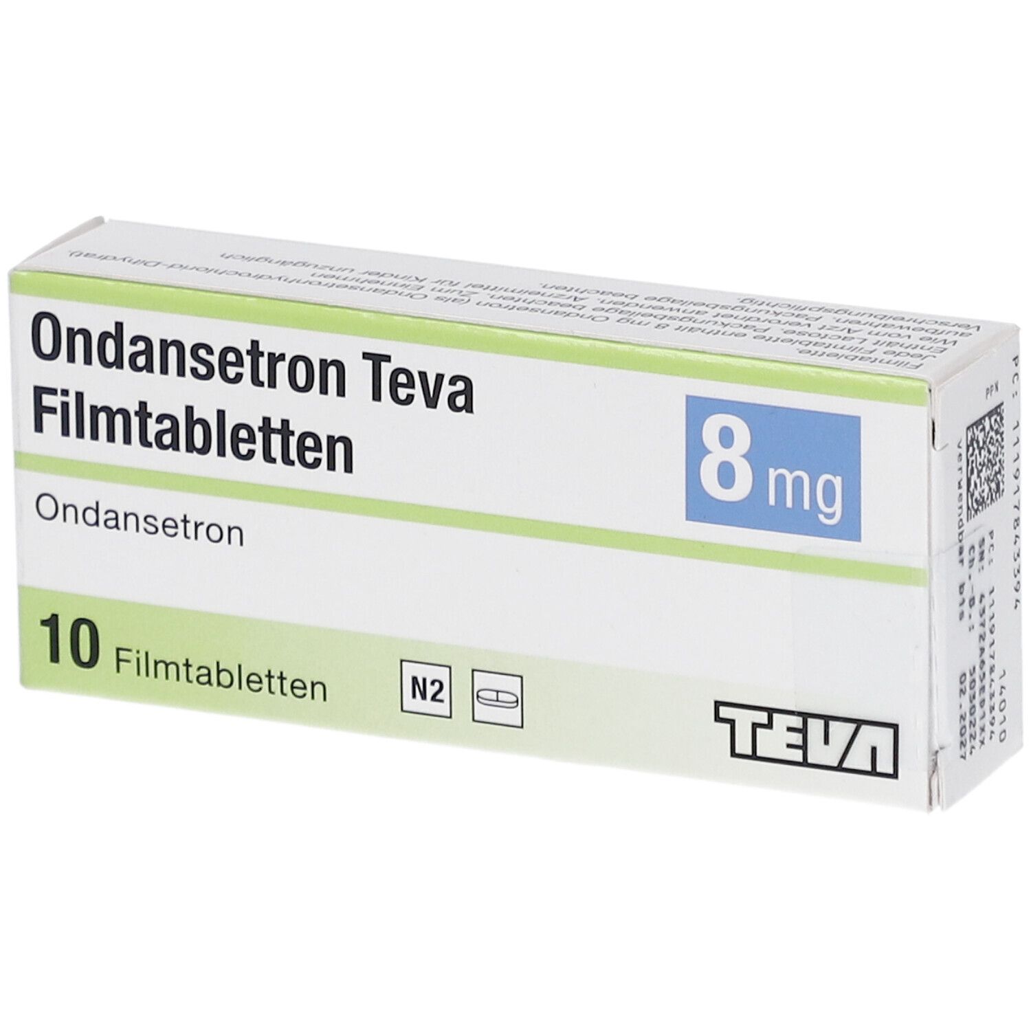 Ondansetron Teva 8 mg Filmtabletten-Packung. 10 Tabletten. Blaue 8 mg-Angabe. Teva-Logo. N2-Kennzeichnung. Detailansicht.