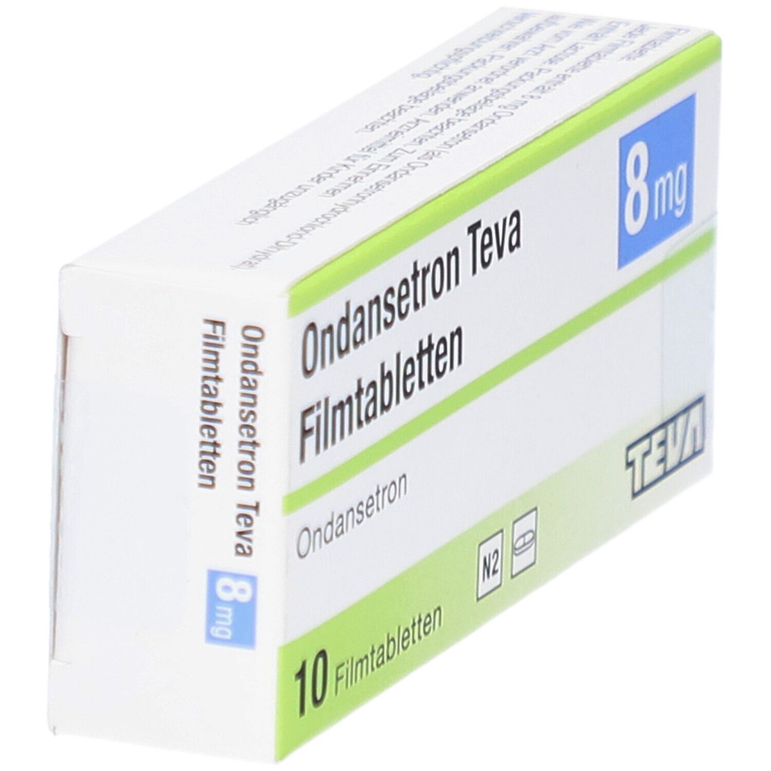 Ondansetron Teva 8 mg Filmtabletten-Packung. 10 Tabletten. Blaue 8 mg-Angabe. Teva-Logo. N2-Kennzeichnung. Schrägansicht.