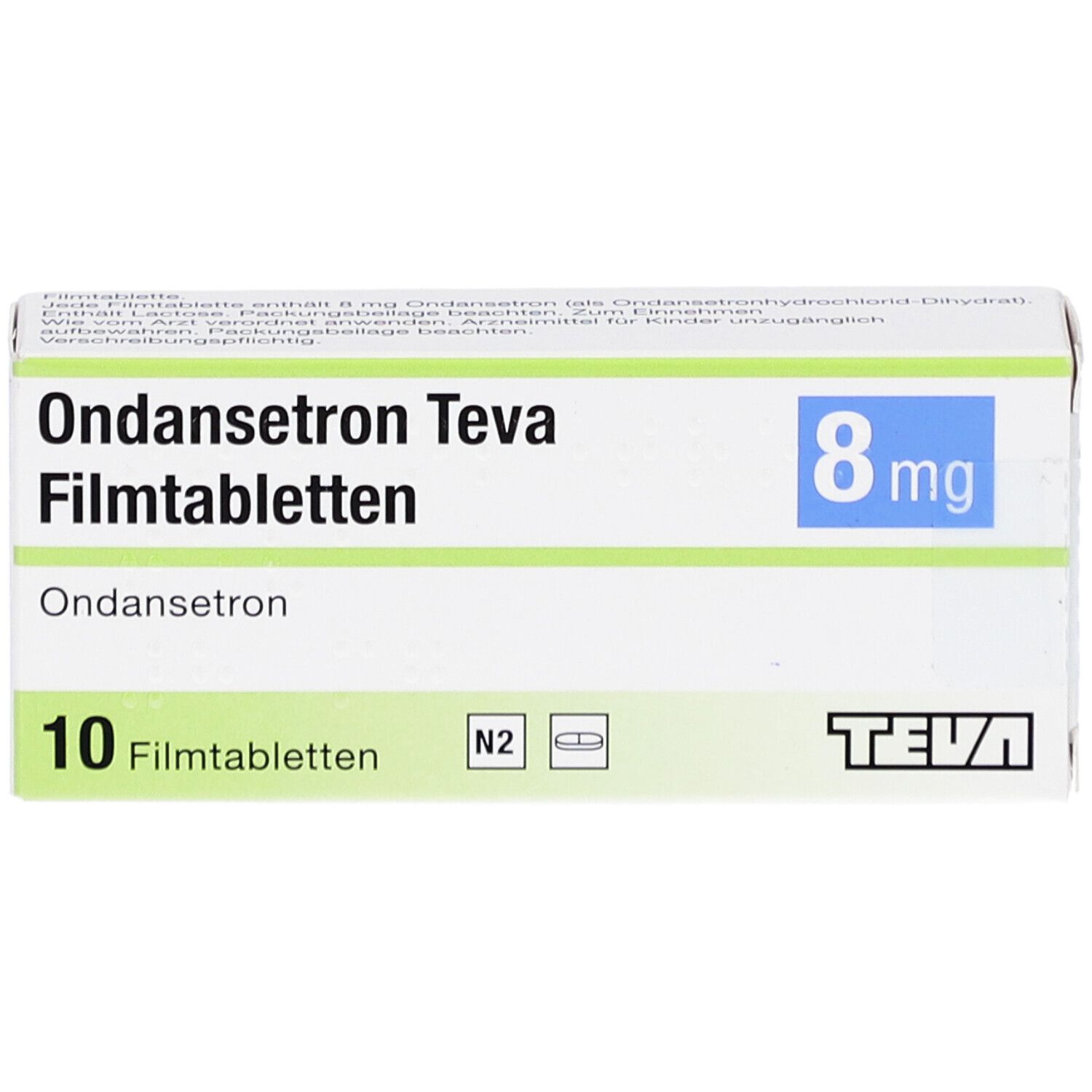Ondansetron Teva 8 mg Filmtabletten-Packung. 10 Tabletten. Blaue 8 mg-Angabe. Teva-Logo. N2-Kennzeichnung. Nahaufnahme.