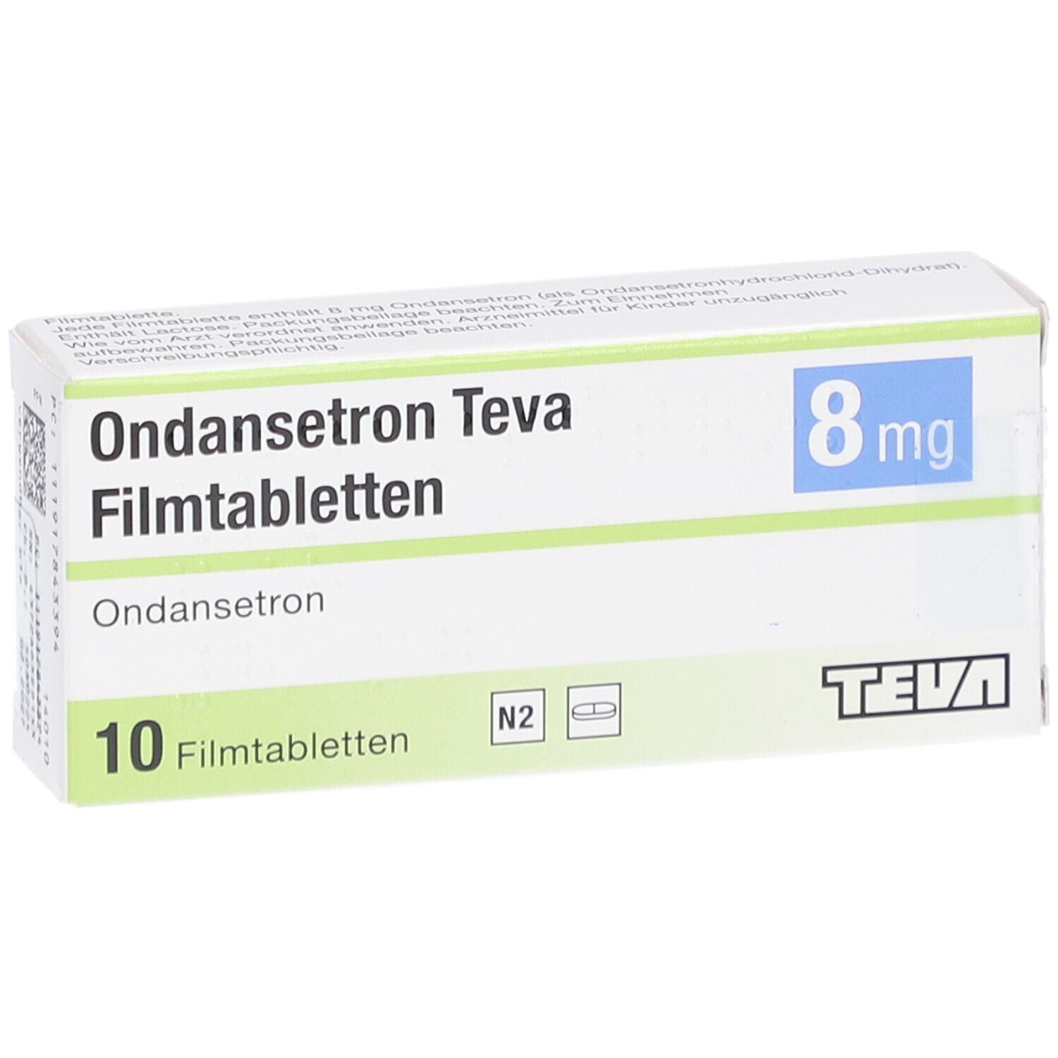Ondansetron Teva 8 mg Filmtabletten-Packung. 10 Tabletten. Blaue 8 mg-Angabe. Teva-Logo. N2-Kennzeichnung. Frontalansicht.