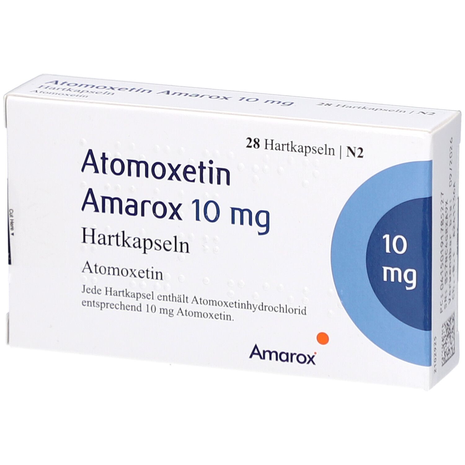 Weiße Arzneimittelverpackung mit Aufschrift Atomoxetin Amarox 10 mg Hartkapseln. Blaue Kreise und orangefarbener Punkt.