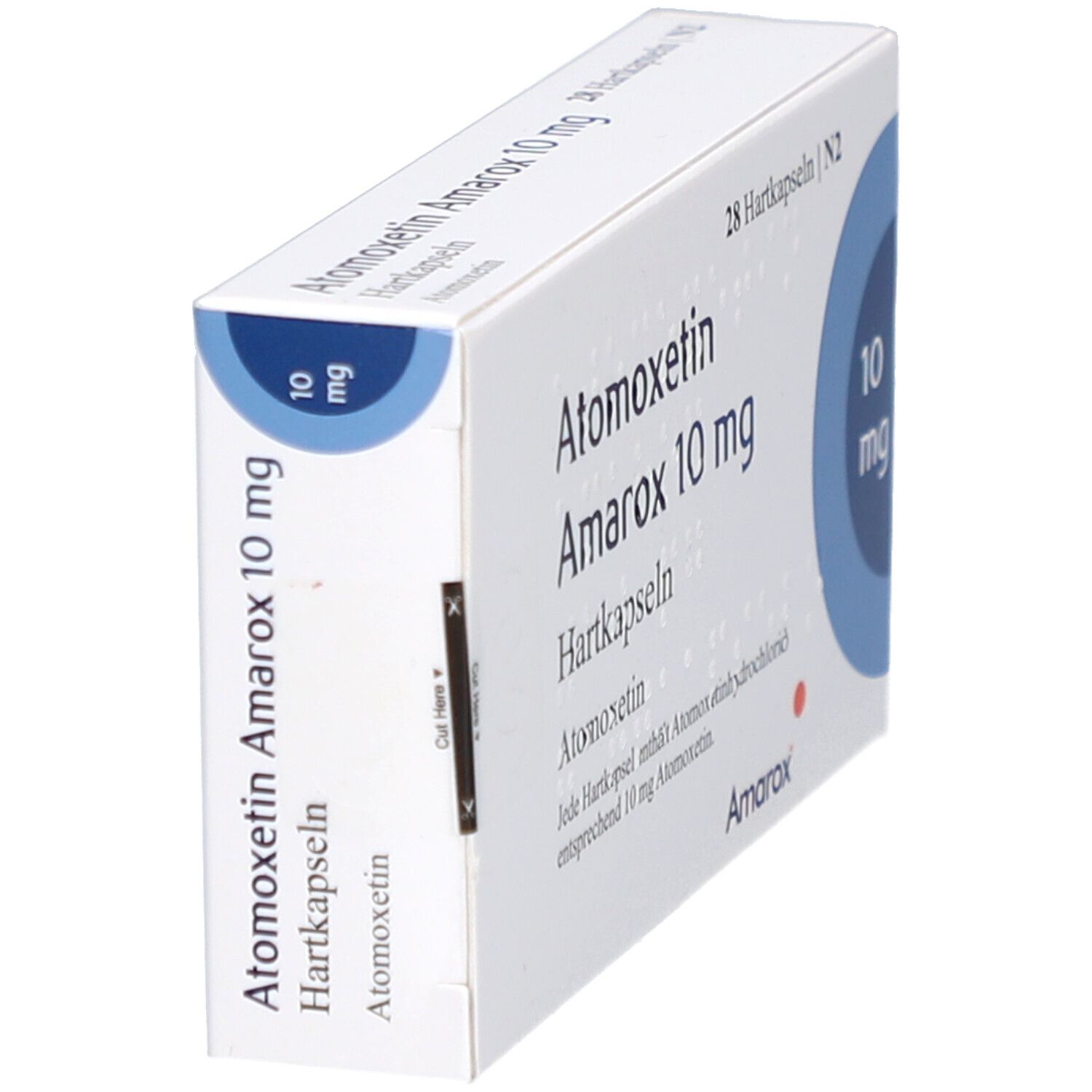 Schräg gestellte Arzneimittelverpackung mit Aufschrift Atomoxetin Amarox 10 mg Hartkapseln. Blaue Kreise.
