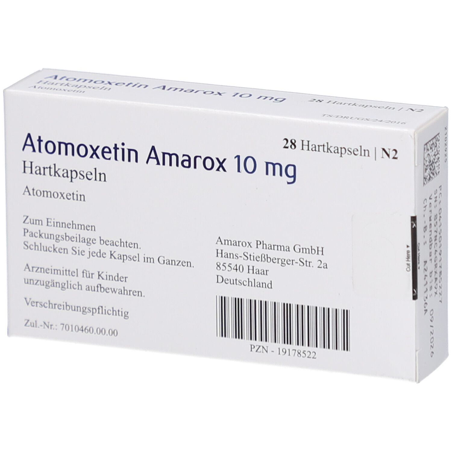 Arzneimittelverpackung mit Aufschrift Atomoxetin Amarox 10 mg Hartkapseln. Enthält Informationen und Adresse.