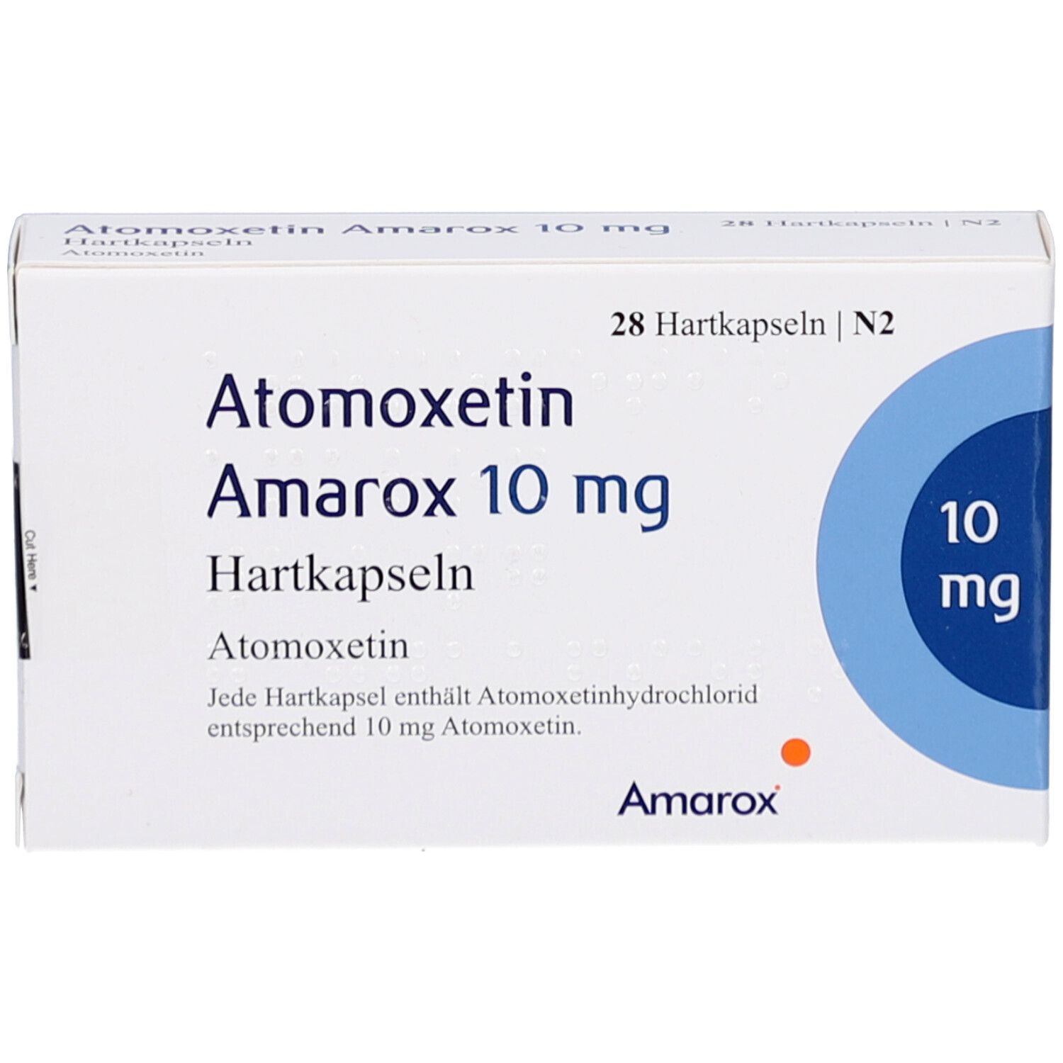 Weiße Arzneimittelverpackung mit Aufschrift Atomoxetin Amarox 10 mg Hartkapseln. Blaue Kreise und orangefarbener Punkt.