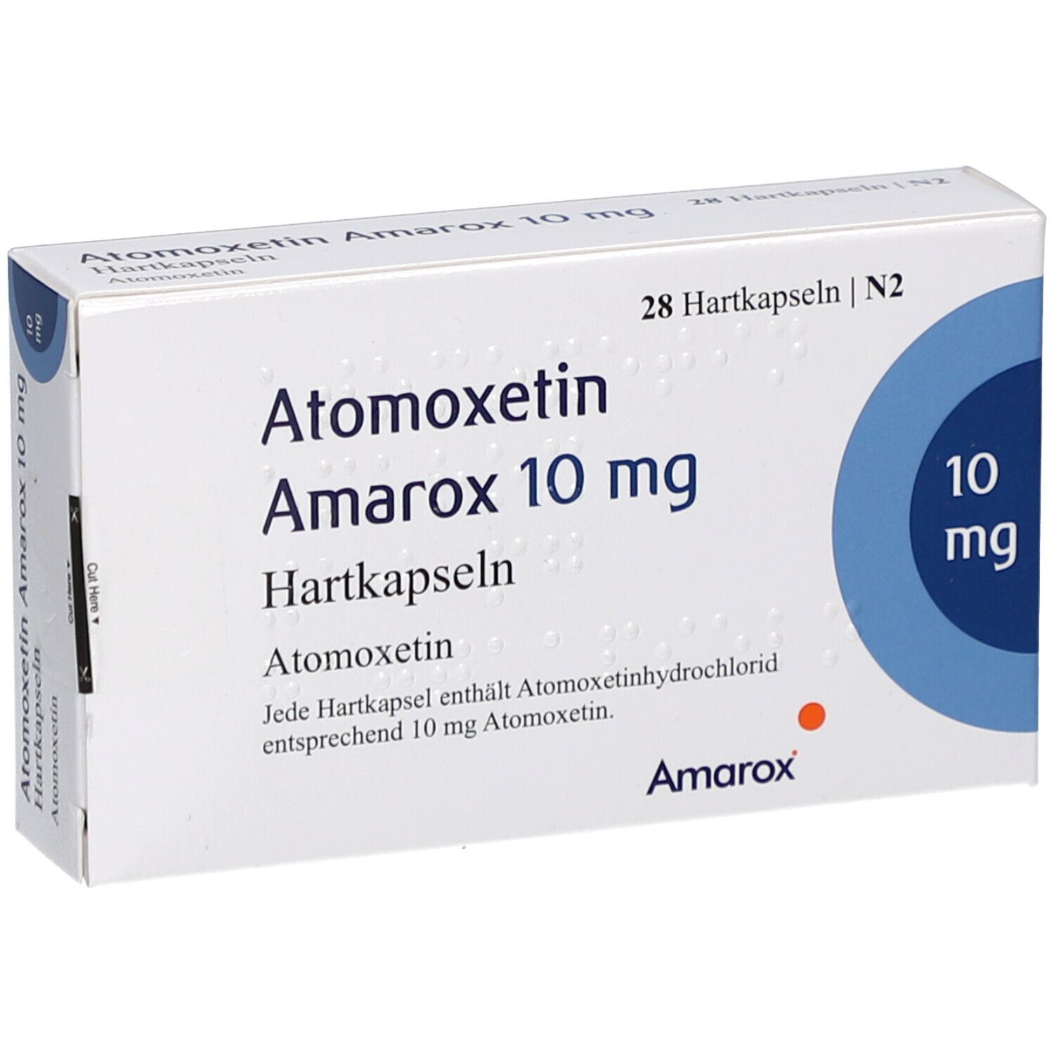 Weiße Arzneimittelverpackung mit Aufschrift Atomoxetin Amarox 10 mg Hartkapseln. Blaue Kreise und orangefarbener Punkt.