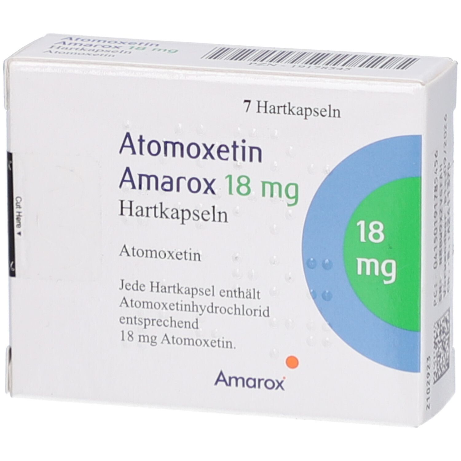 Schachtel mit Atomoxetin Amarox 18 mg Hartkapseln. Enthält 7 Kapseln. Blaue und grüne Akzente. Text: 18 mg.