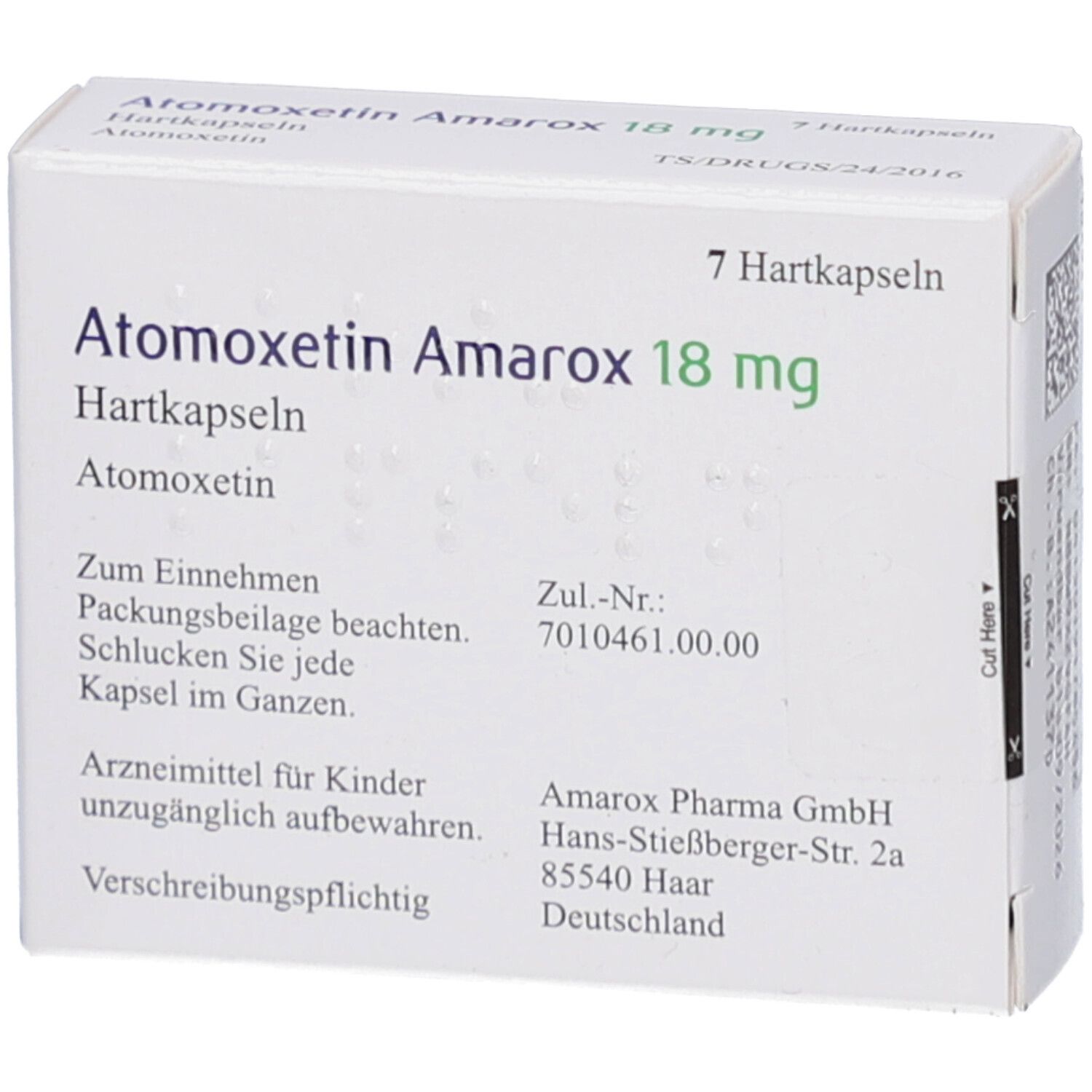 Schachtel mit Atomoxetin Amarox 18 mg Hartkapseln. Enthält 7 Kapseln. Text: Packungsbeilage beachten, Zul.-Nr.